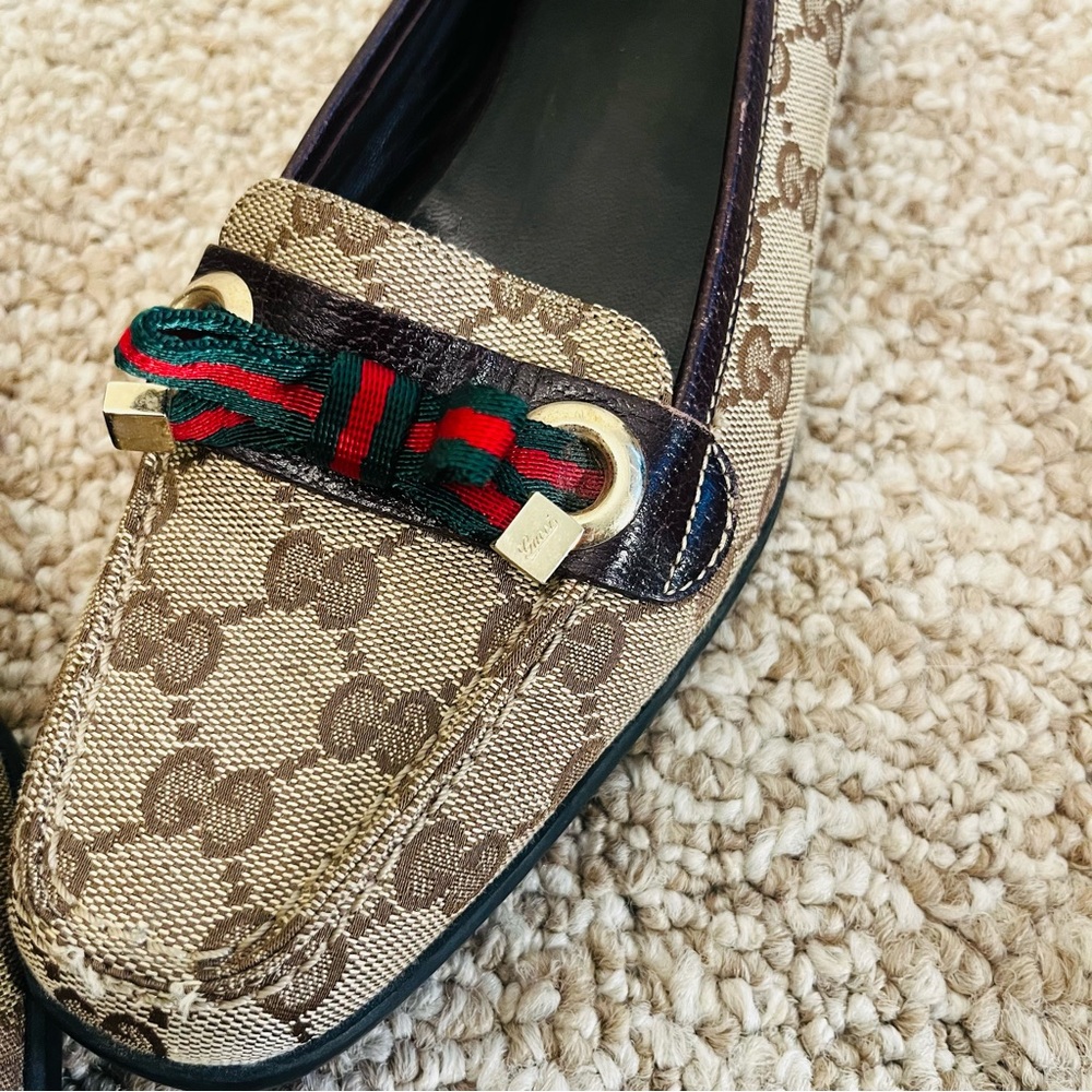 Gucci Loafer Canvas GG Brown with Bow Size 7.5